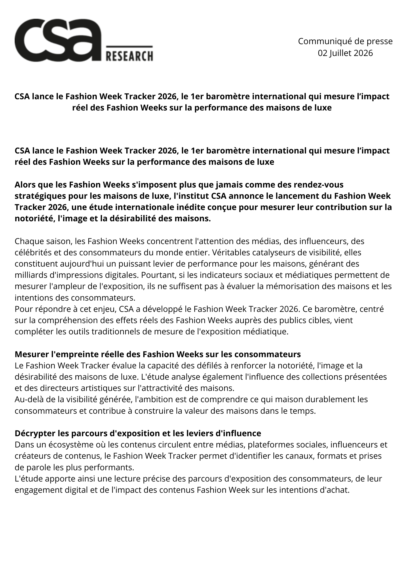 Communiqué De Presse 02 Juillet 2026 Csa Lance Le Fashion Week Tracker 2026, Le 1Er Baromètre International Qui Mesure L’impact Réel Des Fashion Weeks Sur La Performance Des Maisons De Luxe Alors